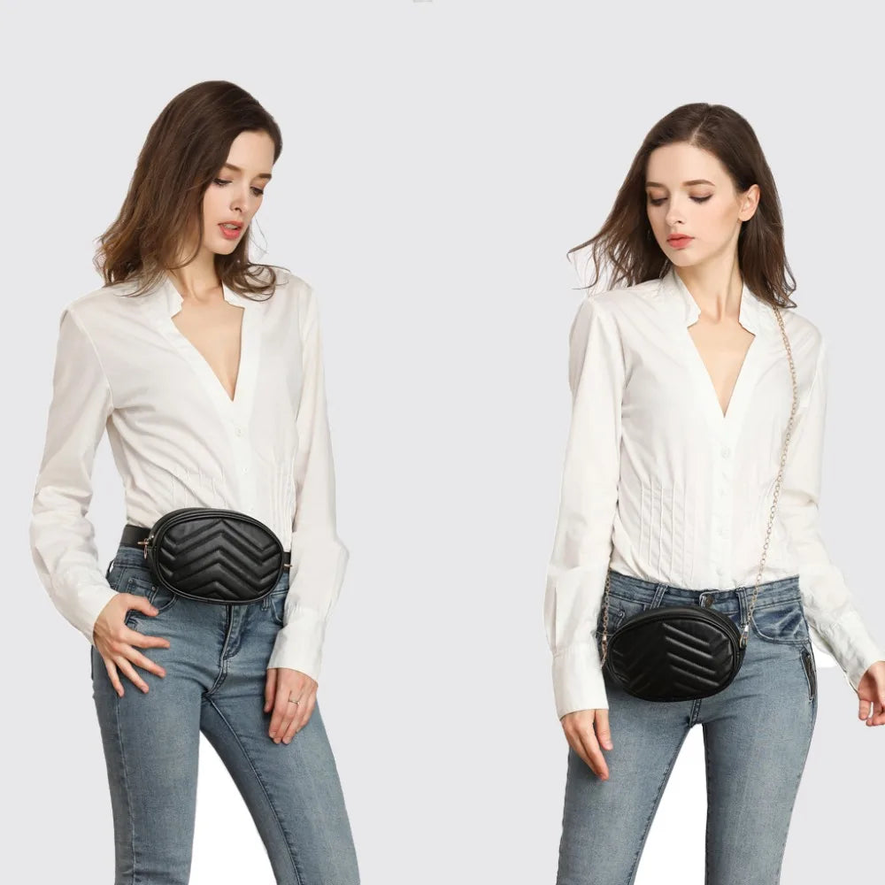 Round Waist Bag Women Beige Leather Chest Handbag