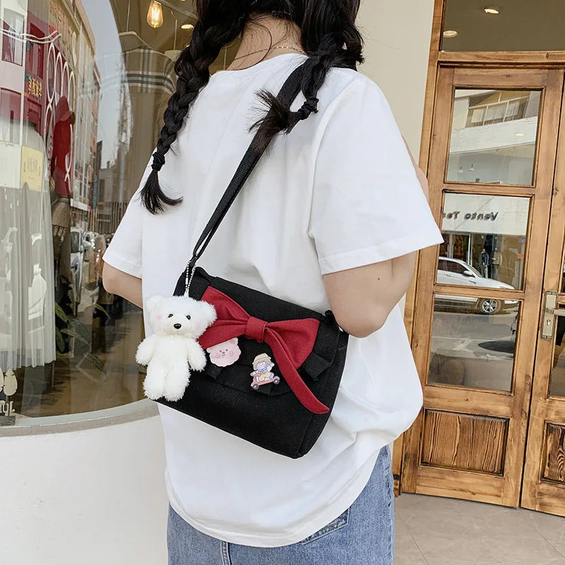 Canvas Small Shoulder Bag with Bow for Girls