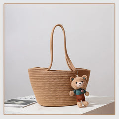 Casual One-Shoulder Straw Woven Bag Bear Messenger Handbag