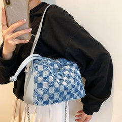 Plaid Denim Canvas PU Shoulder Bag for Women