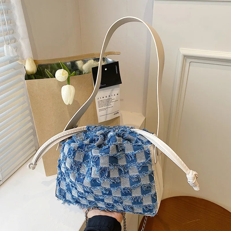 Plaid Denim Canvas PU Shoulder Bag for Women