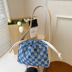 Plaid Denim Canvas PU Shoulder Bag for Women