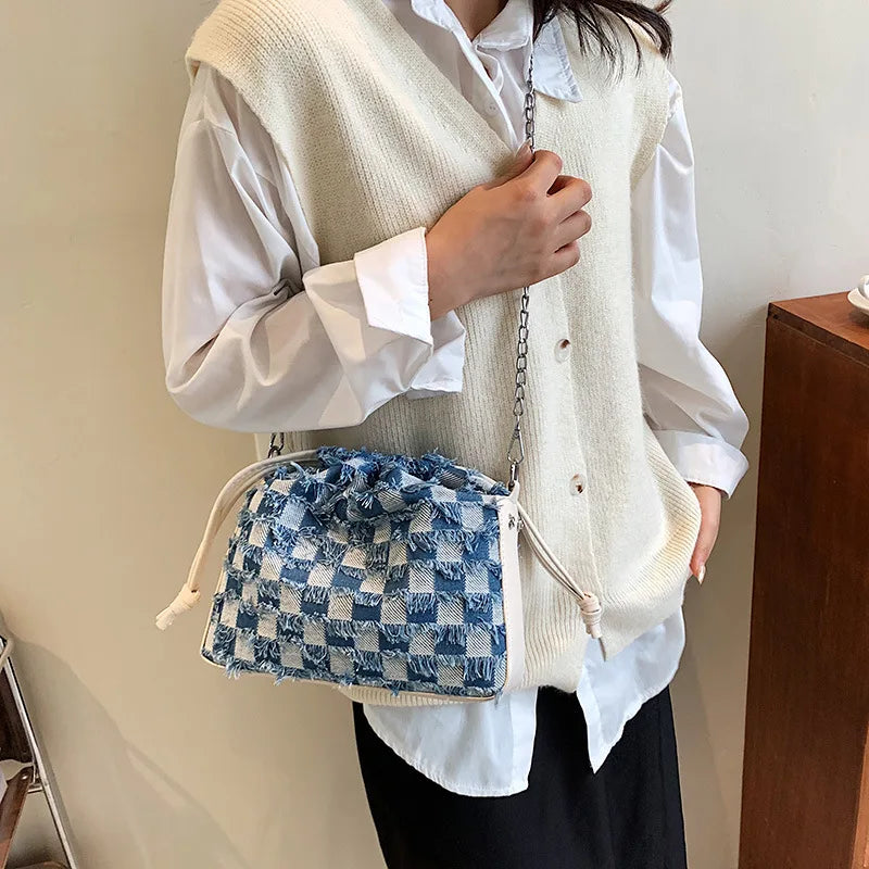 Plaid Denim Canvas PU Shoulder Bag for Women
