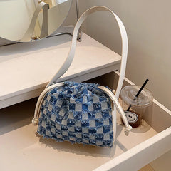 Plaid Denim Canvas PU Shoulder Bag for Women