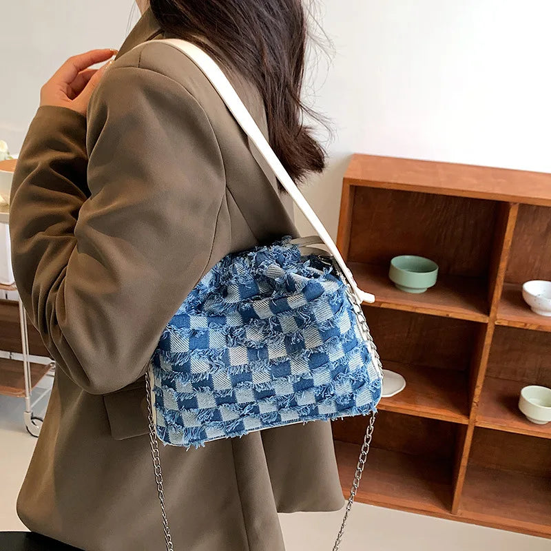 Plaid Denim Canvas PU Shoulder Bag for Women