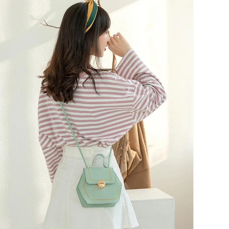 Fashionable Hexagon Crossbody Bag Sweet Young Girls Style Handbag