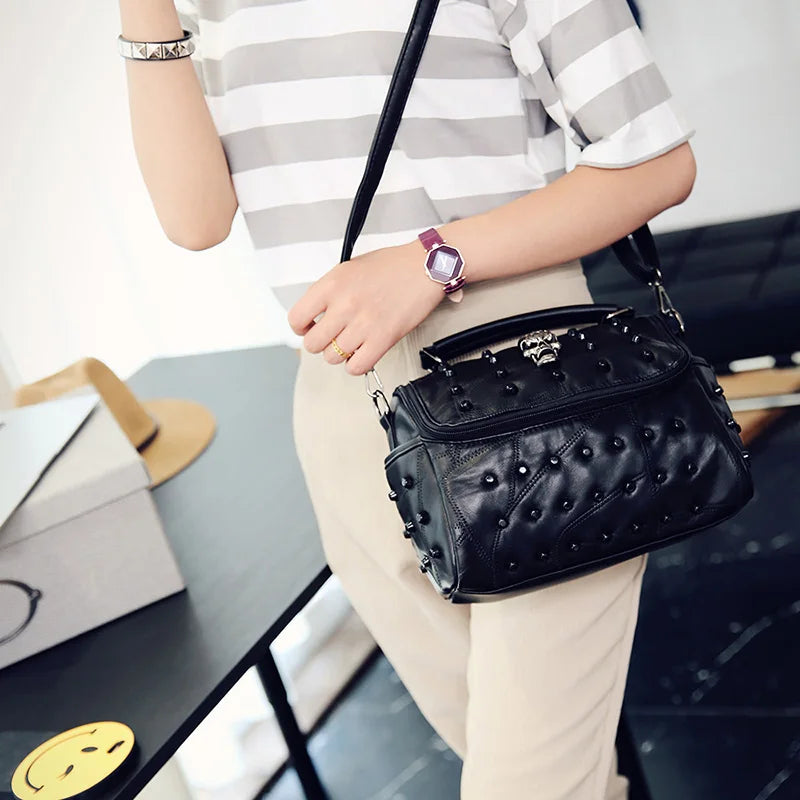 Soft Leather Tote Bag Skull Messenger Rivet Shoulder Crossbody Bag