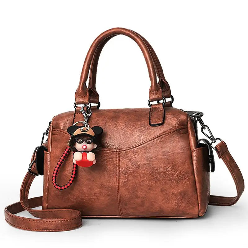 Women's Doll Pendant Boston Bag PU Crossbody Messenger Bag