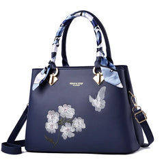 Floral Embroidery Shoulder Handbag Large PU Leather Women's Bag