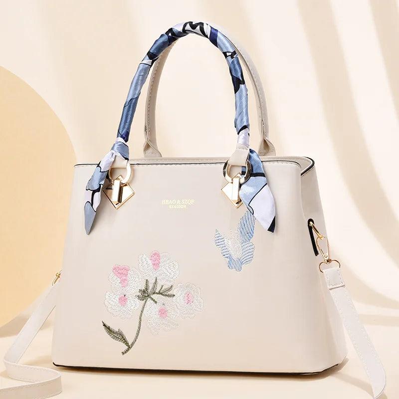 Floral Embroidery Shoulder Handbag Large PU Leather Women's Bag