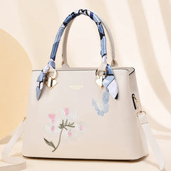 Floral Embroidery Shoulder Handbag Large PU Leather Women's Bag