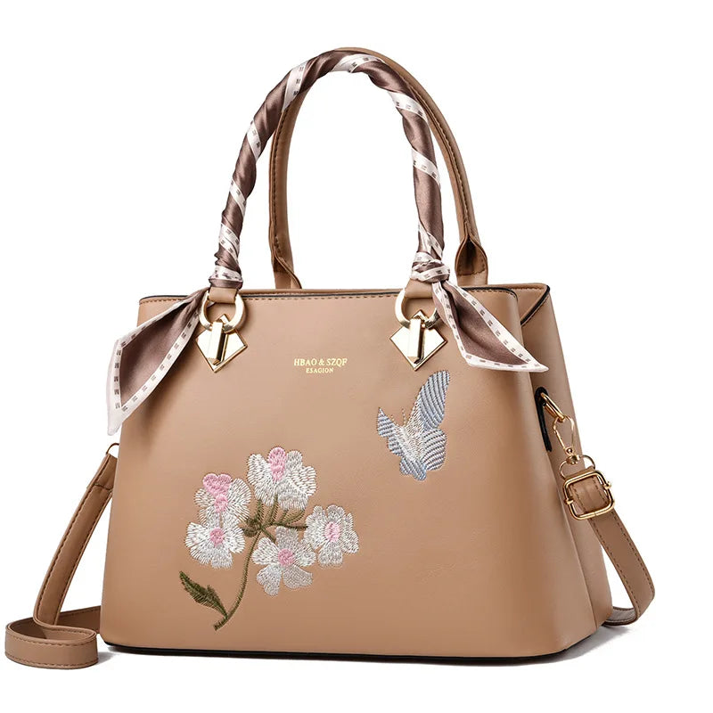 Floral Embroidery Shoulder Handbag Large PU Leather Women's Bag