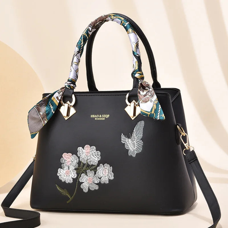 Floral Embroidery Shoulder Handbag Large PU Leather Women's Bag