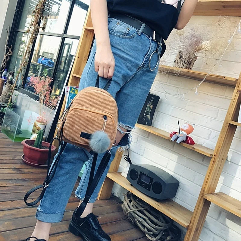 Corduroy Mini Backpack School Shoulder Bag