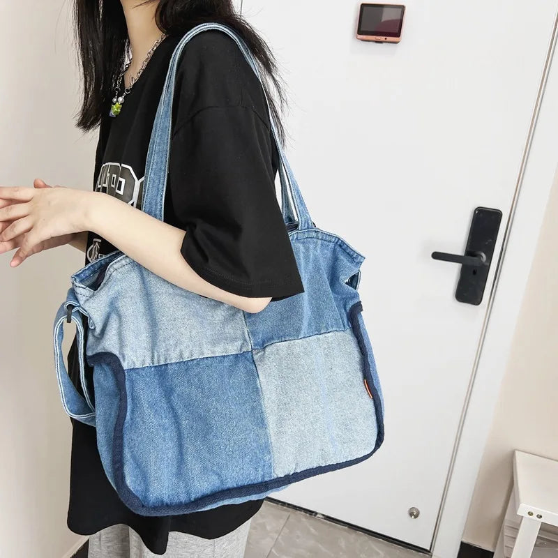Patchwork Denim Crossbody Bag for Women Vintage Casual Handbag