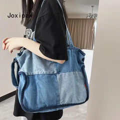 Patchwork Denim Crossbody Bag for Women Vintage Casual Handbag