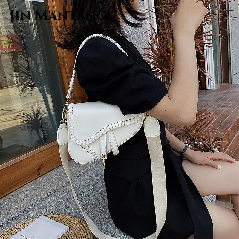 Casual Saddle Women Bag with Hasp Zipper and Lock Ornament