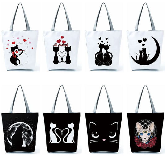 Love Cats Print Tote Bag High Capacity Shoulder Bag