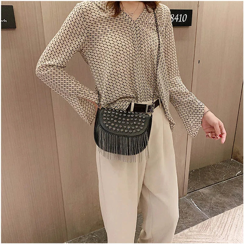 Tassel Shoulder Bag Retro Rivet Women Crossbody Bag