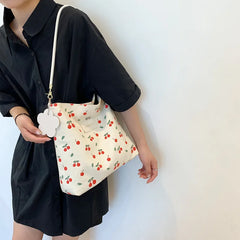 Cherry Pattern Canvas Shoulder Bag Large Capacity Casual Tote