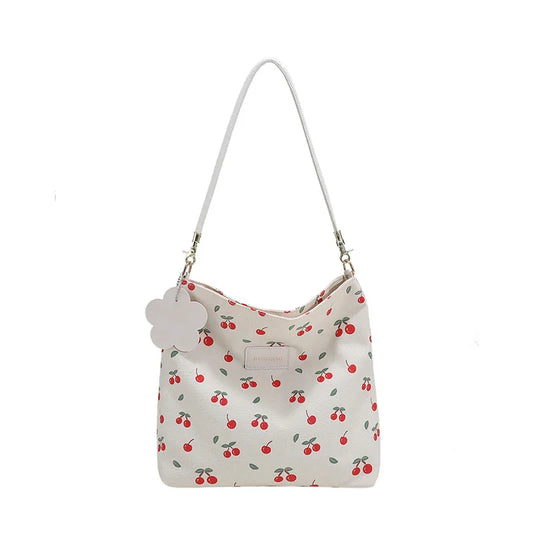 Cherry Pattern Canvas Shoulder Bag Large Capacity Casual Tote