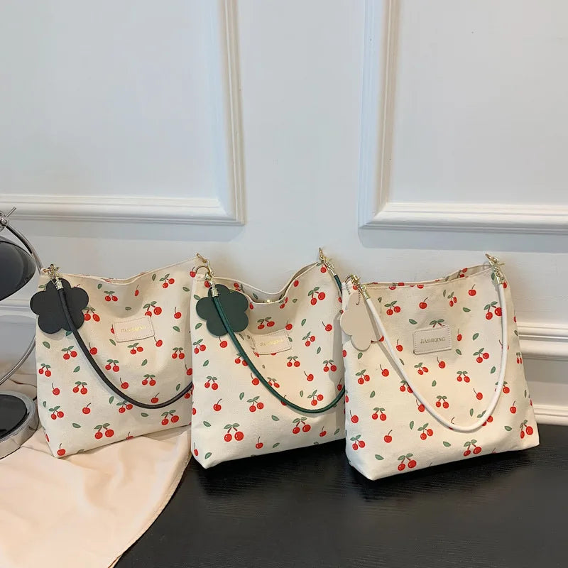 Cherry Pattern Canvas Shoulder Bag Large Capacity Casual Tote