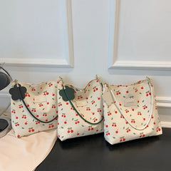 Cherry Pattern Canvas Shoulder Bag Large Capacity Casual Tote