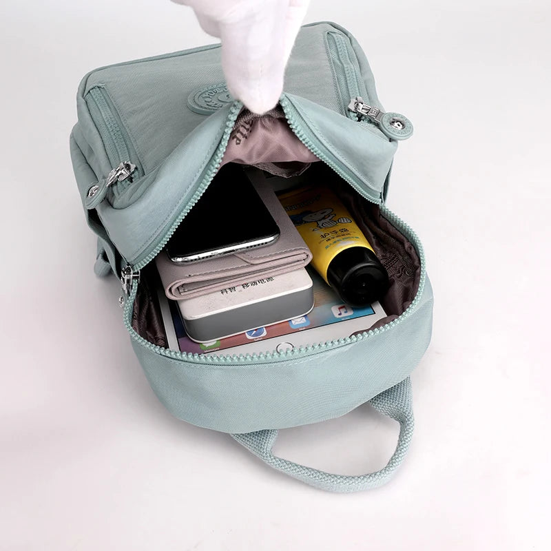 Waterproof Nylon Woman Backpack Soft Solid Multi-Pocket Travel Bag