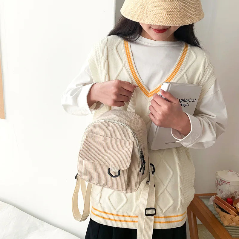 Corduroy Mini Backpack Solid Color Casual Student Bookbag Travel Bag