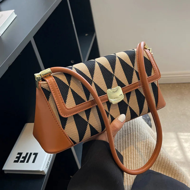 Women PU Leather Checkered Crossbody Bags Brown