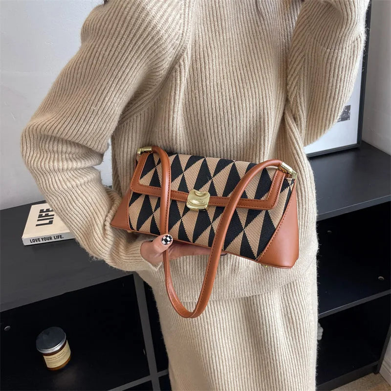 Women PU Leather Checkered Crossbody Bags Brown