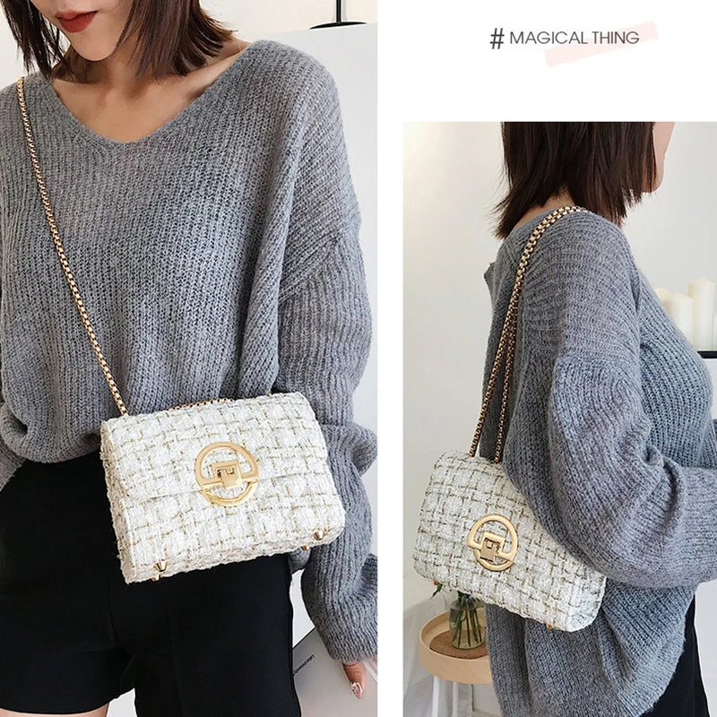 Women's Ins Tweed Chain Messenger Bag Flap Shoulder Tote Handbag