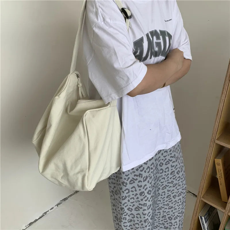 Canvas Zipper Tote Bucket Bag Large Capacity Shoulder Bag