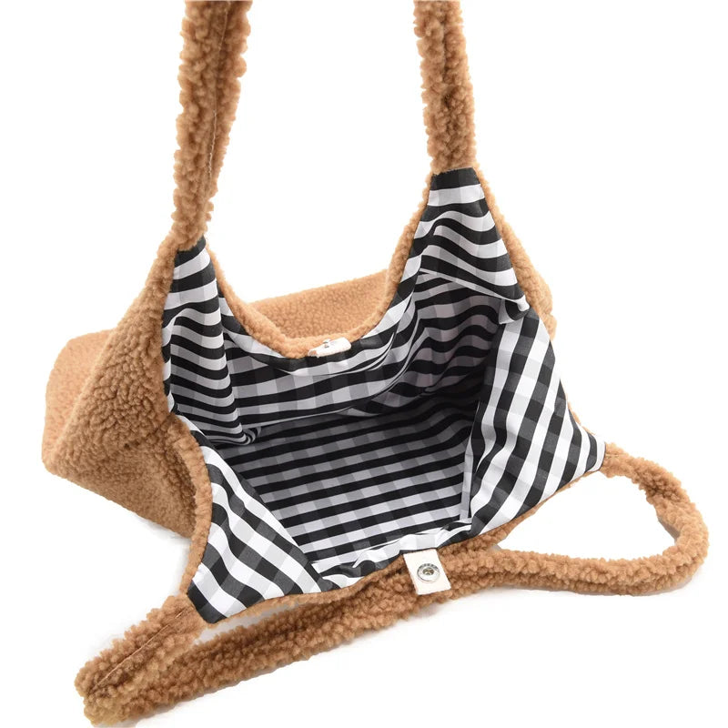 Faux Bear Plush Shoulder Bag for Women Winter Large Capacity Handbag