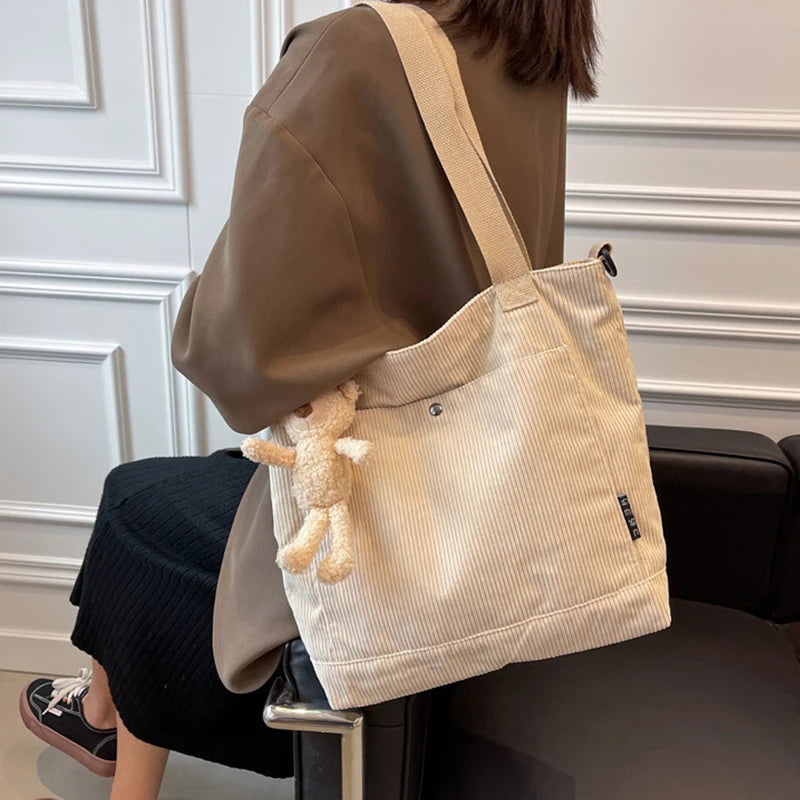 Solid Women Shoulder Bag Corduroy Tote Bag With Front Pocket