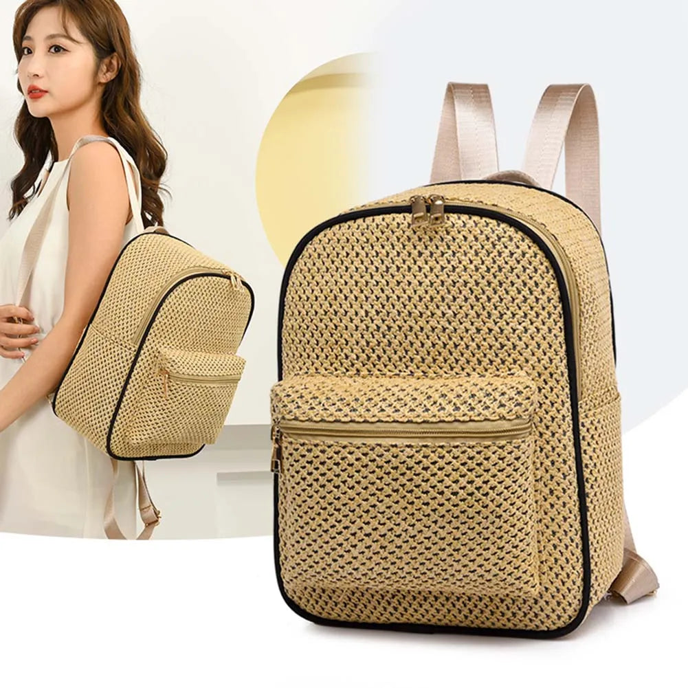 Women's Summer Straw Backpack Boho Beach School Bag