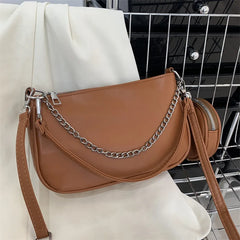 Women's Wide Shoulder Strap Solid Shoulder Bag with Small Round Bag