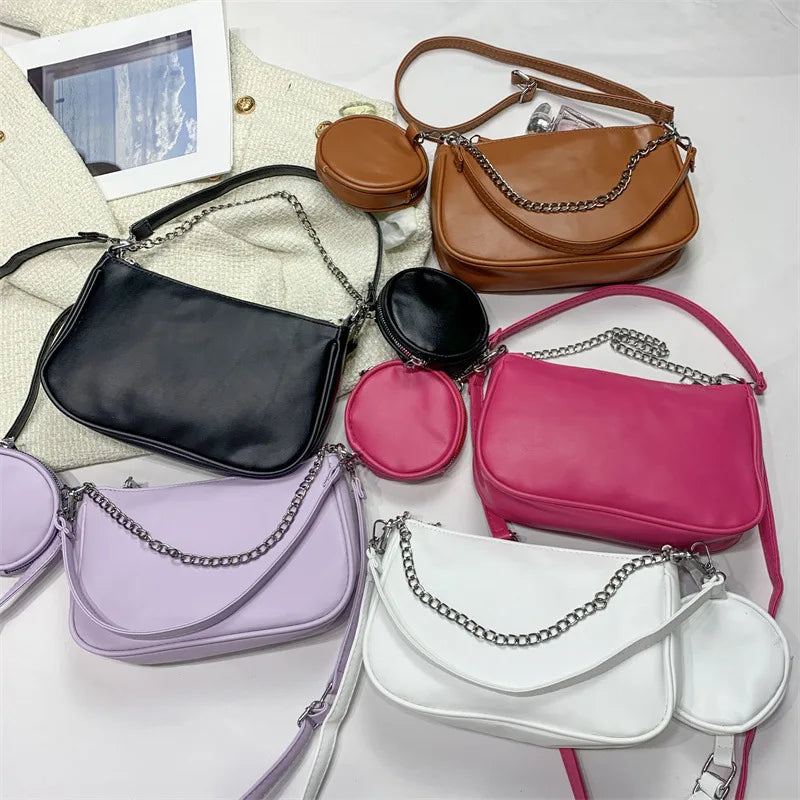 Women's Wide Shoulder Strap Solid Shoulder Bag with Small Round Bag