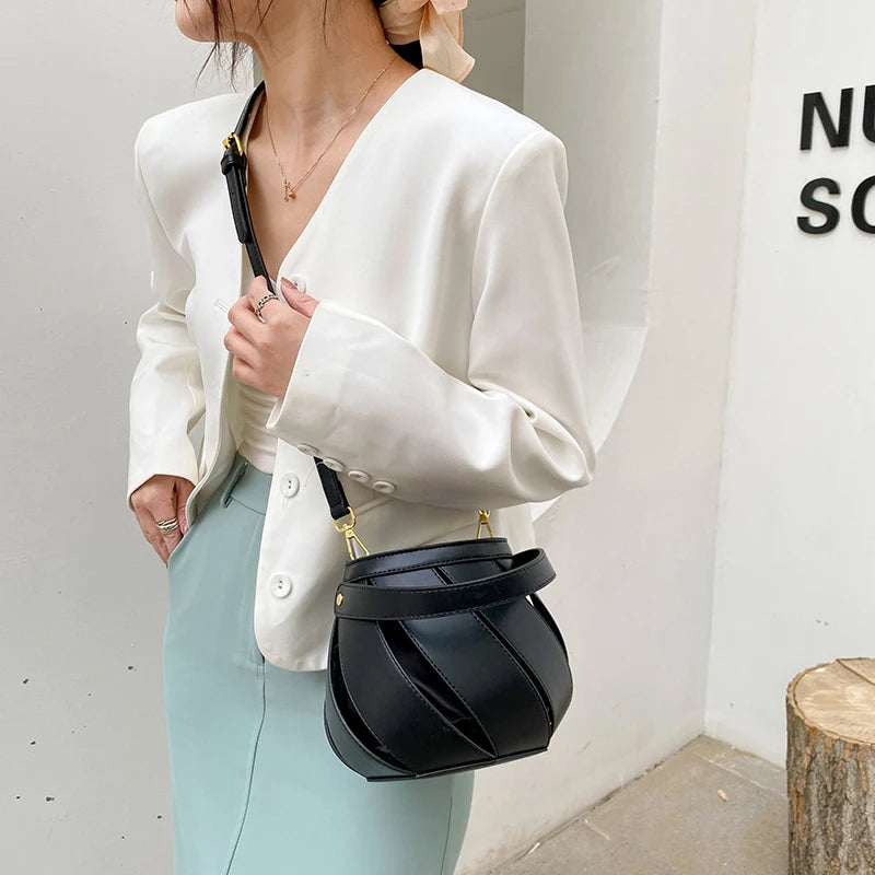 Women's Hollow Out Leather Crossbody Bucket Bag