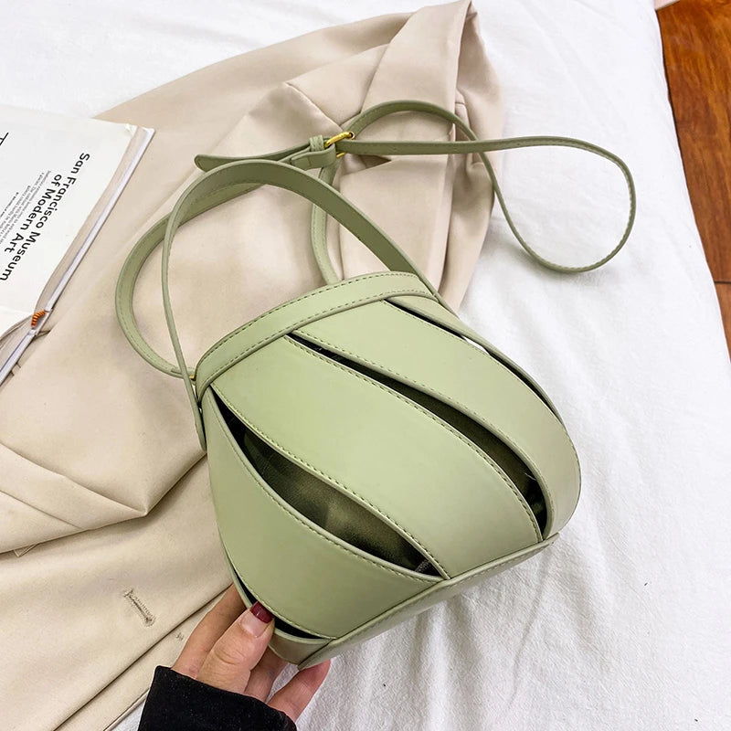 Women's Hollow Out Leather Crossbody Bucket Bag