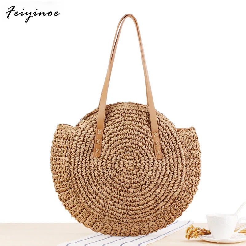 Half-Round Rattan Woven Straw Bag Crossbody Beach Handbag