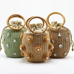Straw Bucket Bag Rhinestone Crystal Embellished Travel Purse Handbag