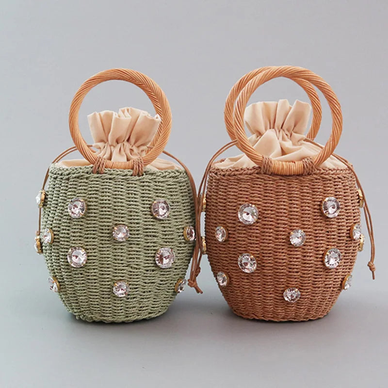 Straw Bucket Bag Rhinestone Crystal Embellished Travel Purse Handbag