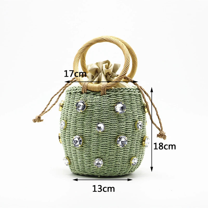Straw Bucket Bag Rhinestone Crystal Embellished Travel Purse Handbag