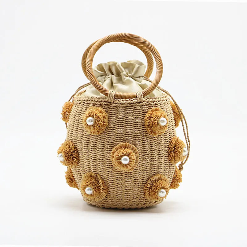 Straw Bucket Bag Rhinestone Crystal Embellished Travel Purse Handbag