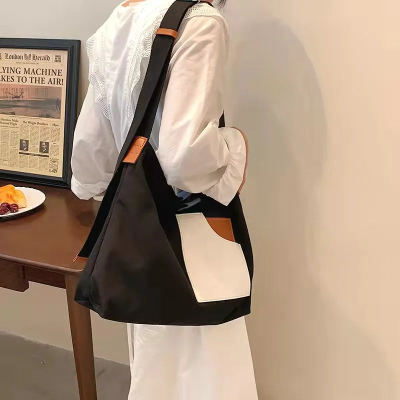 Canvas Leather Bucket Bag Large Capacity Shoulder Crossbody Handbag
