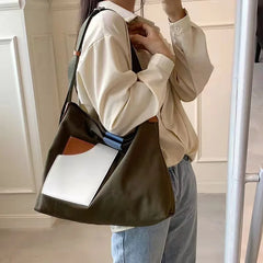 Canvas Leather Bucket Bag Large Capacity Shoulder Crossbody Handbag