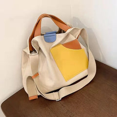 Canvas Leather Bucket Bag Large Capacity Shoulder Crossbody Handbag