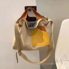 Canvas Leather Bucket Bag Large Capacity Shoulder Crossbody Handbag