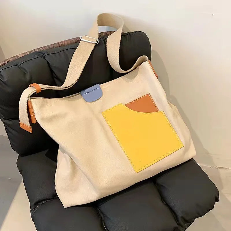 Canvas Leather Bucket Bag Large Capacity Shoulder Crossbody Handbag